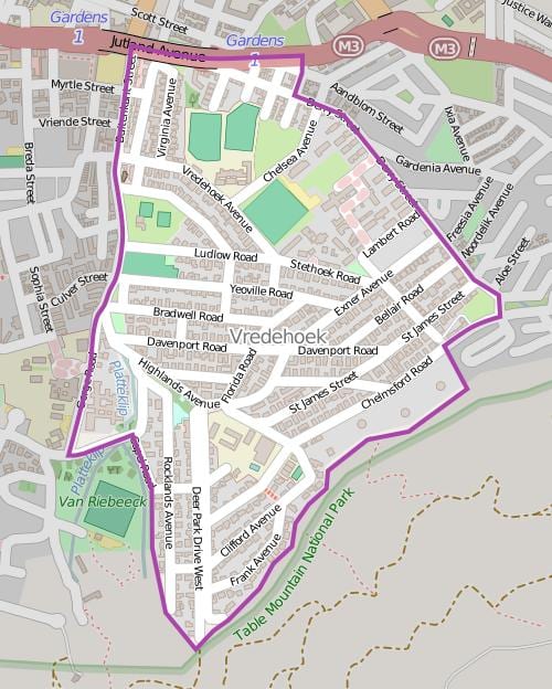 карта горадзе vredehoek Кейптаўн
